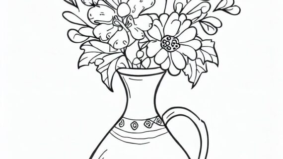 Imagen de jarrón con flores en dibujo para colorear