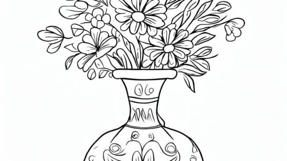 Dibujo de jarrón alto y estrecho con flores para ejercicio de colorear